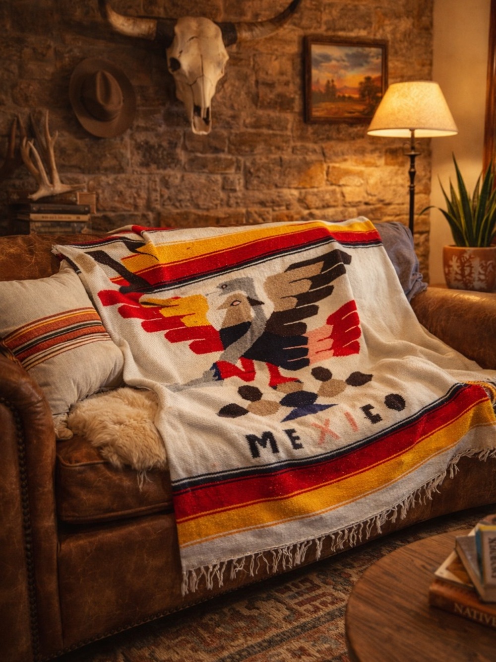 Vintage Mexican Serape Blanket Eagle Southwestern Boho Throw 82x54